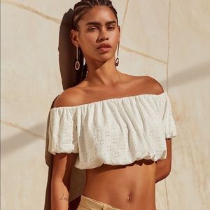UO White off-shoulder cropped eyelet top